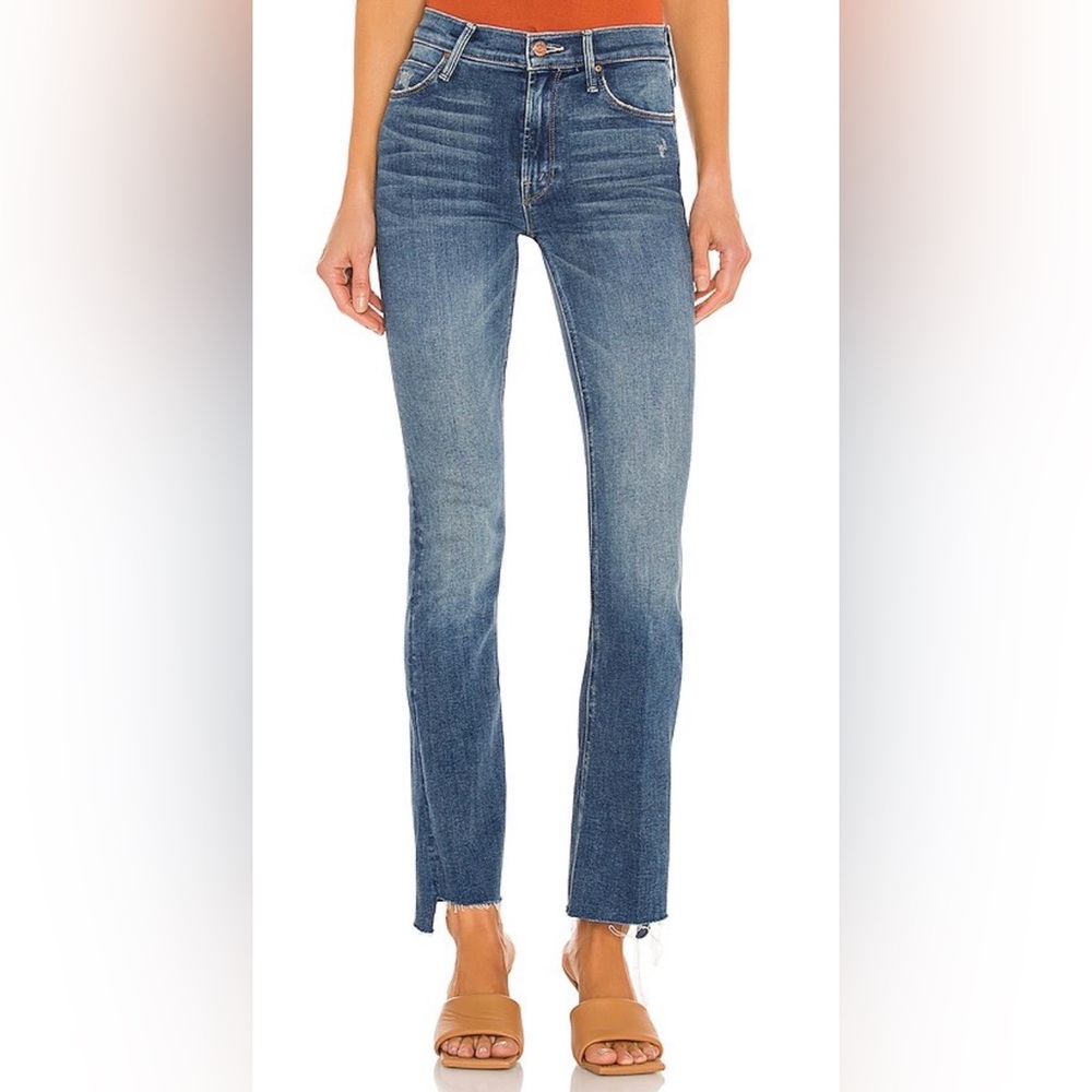 MOTHER Medium Blue Flare Jeans with Frayed Hem